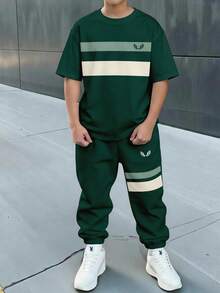 Tween Boy Casual Comfortable Fashion Minimalist Crew Neck Short Sleeve T-Shirt And Long Pants Set - Multicolor - View 1