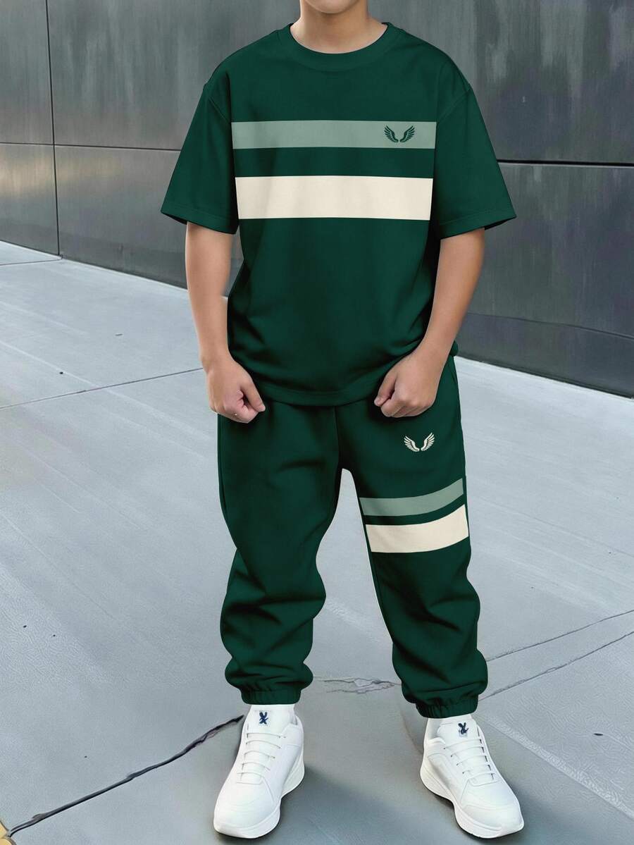 Tween Boy Casual Comfortable Fashion Minimalist Crew Neck Short Sleeve T-Shirt And Long Pants Set - Multicolor - View 1