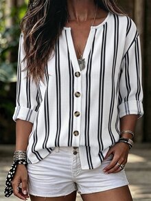 SHEIN Fashion Casual Basic 3+ Waffle Texture Fabric White Base Vertical Stripe Print Design Button Placket Plus Size T-Shirt - Multicolor - View 5