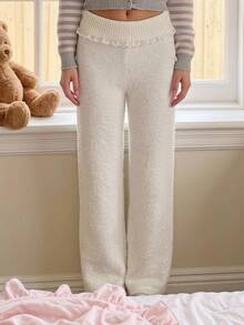 Comfortcana Women's Solid Color Contrast Lace Waist Fold Elegant Knit Long Pants - White - View 7