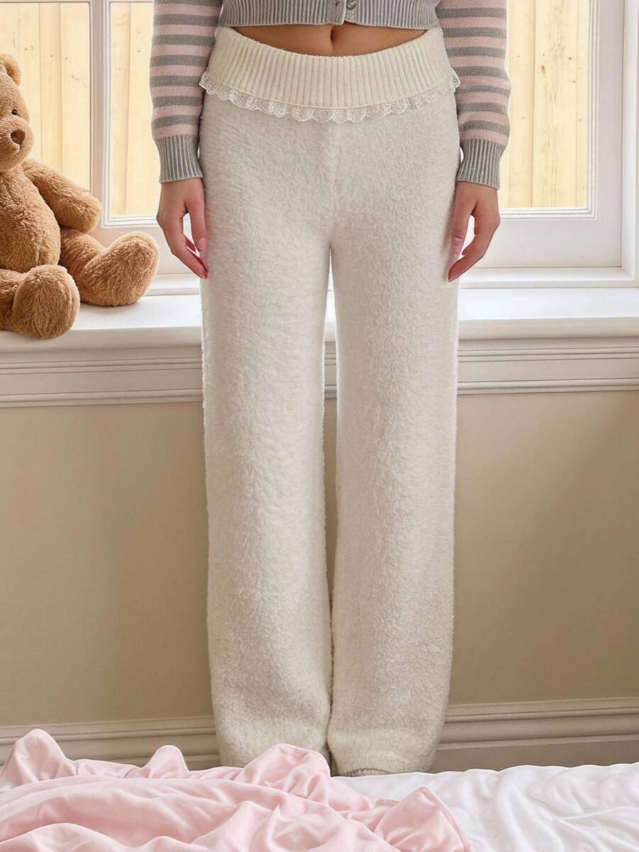 Comfortcana Women's Solid Color Contrast Lace Waist Fold Elegant Knit Long Pants - White - View 1