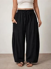 Enliva Plus Size Cotton Blend Drawstring Loose Pants With Pockets Compatible With Apple Body Round Body - Black - View 5