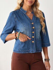 EMERY ROSE Women's 3/4 Sleeve Single-Breasted Casual Denim Jacket - Blue - View 7