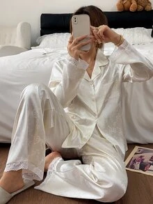 Napfluff Jacquard Faux Silk Lace Trim Open Front Lapel Long Sleeve Pants Pajama Set For Women - Multicolor - View 1