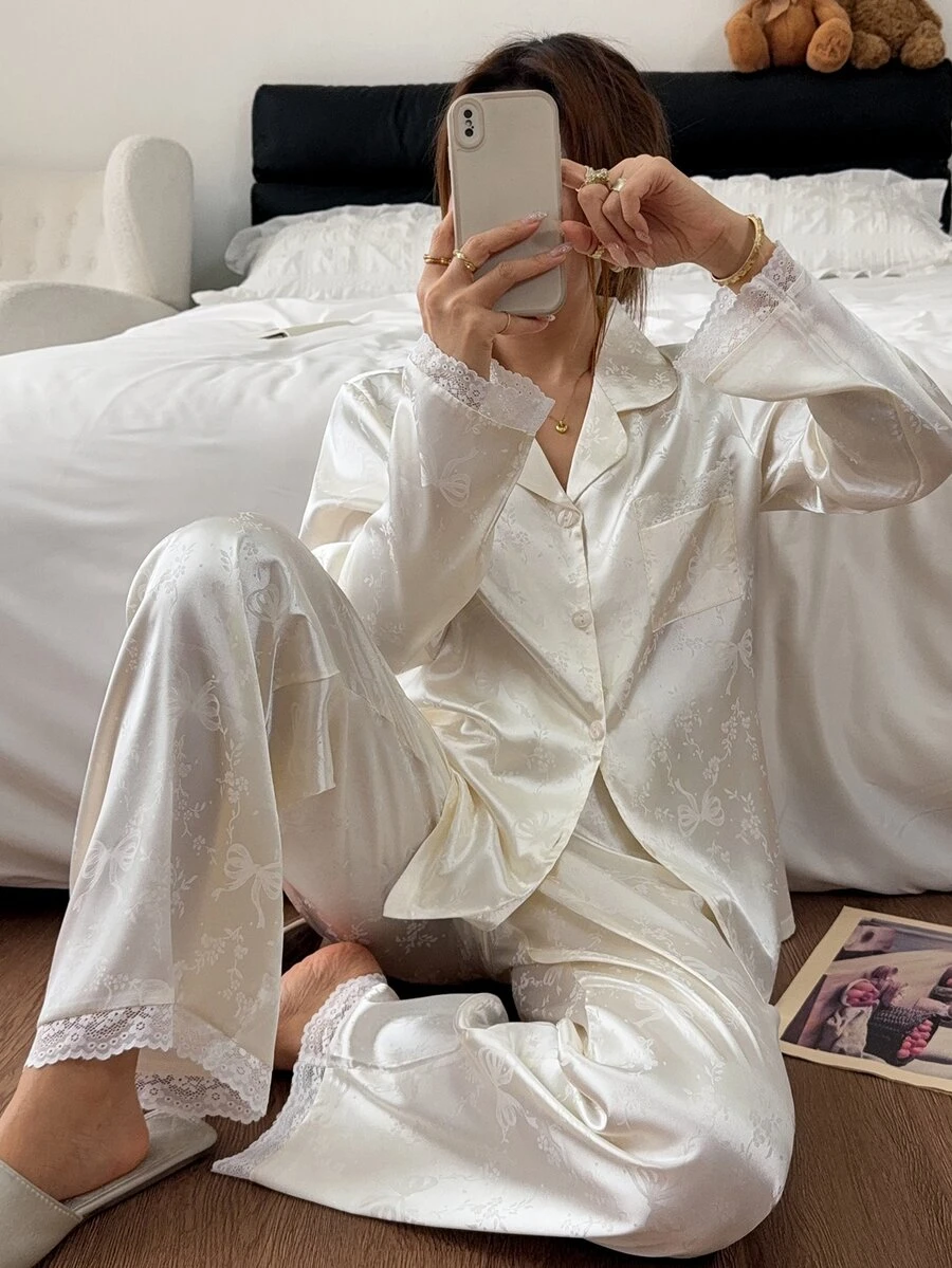 Napfluff Jacquard Faux Silk Lace Trim Open Front Lapel Long Sleeve Pants Pajama Set For Women - Multicolor - View 1
