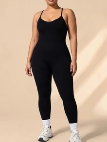 SHEIN Rhythm Era Women's Plus Size Seamless Camisole Back V-Cross Strap Running Fitness Yoga Studio Base Layer 9/10 Length Jumpsuit - Black - View 2