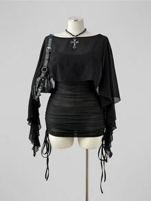 Sunspun Plus Size Spring/Summer Sheer Top & Fitted Drawstring Camisole Dress 2 Pieces Set - Black - View 4