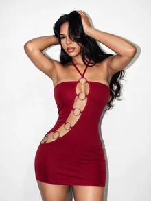 BamGleam Women's Solid Color Ring-Connected Hollow Design Sexy Halter Neck Dress - Burgundy - View 2