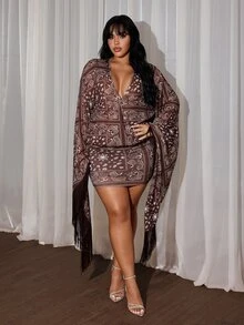 Rustia Plus Size Printed Paris Dress With Criss-Cross Front And Cinched Waist, Early Autumn - Brown - View 5