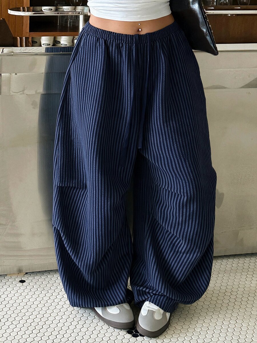 Muchica Plus Size Women's Drawstring Elastic Waist Vertical Striped Casual Loose Daily Versatile Pants - Navy Blue - View 1