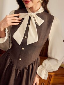 Vintamour Women's Fashion 2in1 Pleated Bow Design Long Dress - Brown - View 7