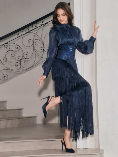 Anewsta Women's Long Sleeve Rhinestone Elegant Tassel Bandage Dress, Long Dress, Christmas Party Dress, Royal Blue Shiny Evening Gown, Winter Dress