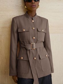 Aveloria Modichic Small Stand Collar Tweed Single-Breasted Metal Button Decor Belted Utility Jacket - Brown - View 1