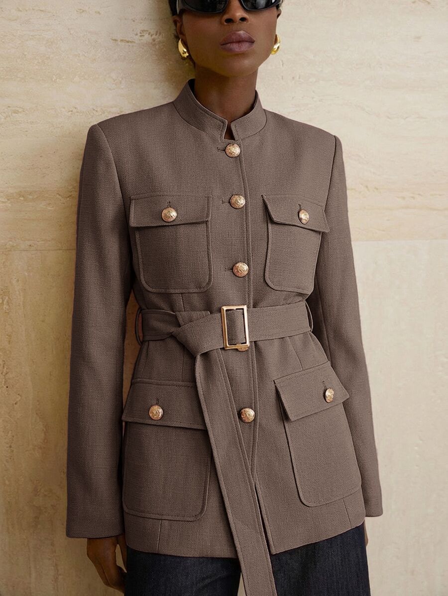 Aveloria Modichic Small Stand Collar Tweed Single-Breasted Metal Button Decor Belted Utility Jacket - Brown - View 1