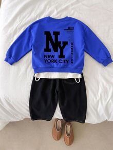 Young Boy Long Sleeve Crew Neck Sweatshirt With Cartoon Pattern And NY Letter, Suitable For Autumn/Winter, Fleece Lined - Multicolor - View 6