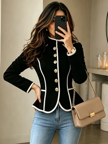 Yalmera Áo khoác nữ thu đông mới thanh lịch đi làm, chiết eo, phối viền tương phản - màu đen - Xem 3