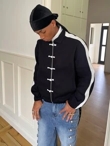 STEELVANCE Men's New Chinese Style Colorblock Patchwork Fashion Minimalist Denim Jacket - Black - View 4