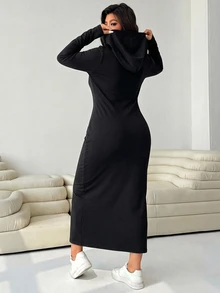 Solflare Plus Size Women's Casual Loose Long Sleeve Hooded Dress - Black - View 5