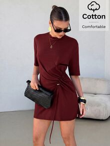 Lavishia 女款優雅修身抓皺寬鬆舒適純棉上衣，適合休閒度假 - 酒紅色 - 查看 6