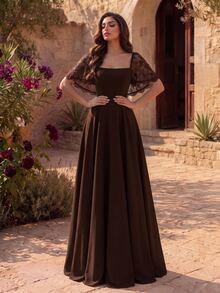 Coutiva Women's Lace Patchwork Elegant Waist-Cinching Formal Prom Graduation Evening Gown Dress Brown Fall - Coffee Brown - View 6