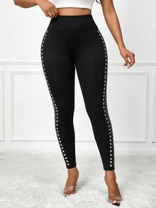 SHEIN Lady Women's Studded Decor Casual Daily Slim Fit Leggings - Black - View 4