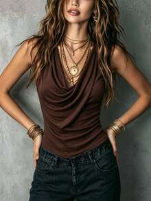 LUMIGAL Women's Stacked Collar Slim Fit Tank Top - Coffee Brown - View 4