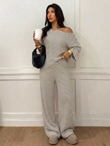 Siren Gaze Women's Striped Pattern One-Shoulder Top And Pants 2 Pieces Set - Multicolor - View 4