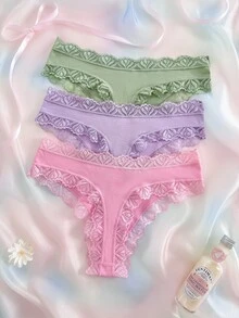 Eraneu 3PCS Lace Trim Women's Panties, Soft And Comfortable, Suitable For Daily Wear And All Seasons, Sweet And Cute, Perfect For Dates And Parties - Multicolor - View 1