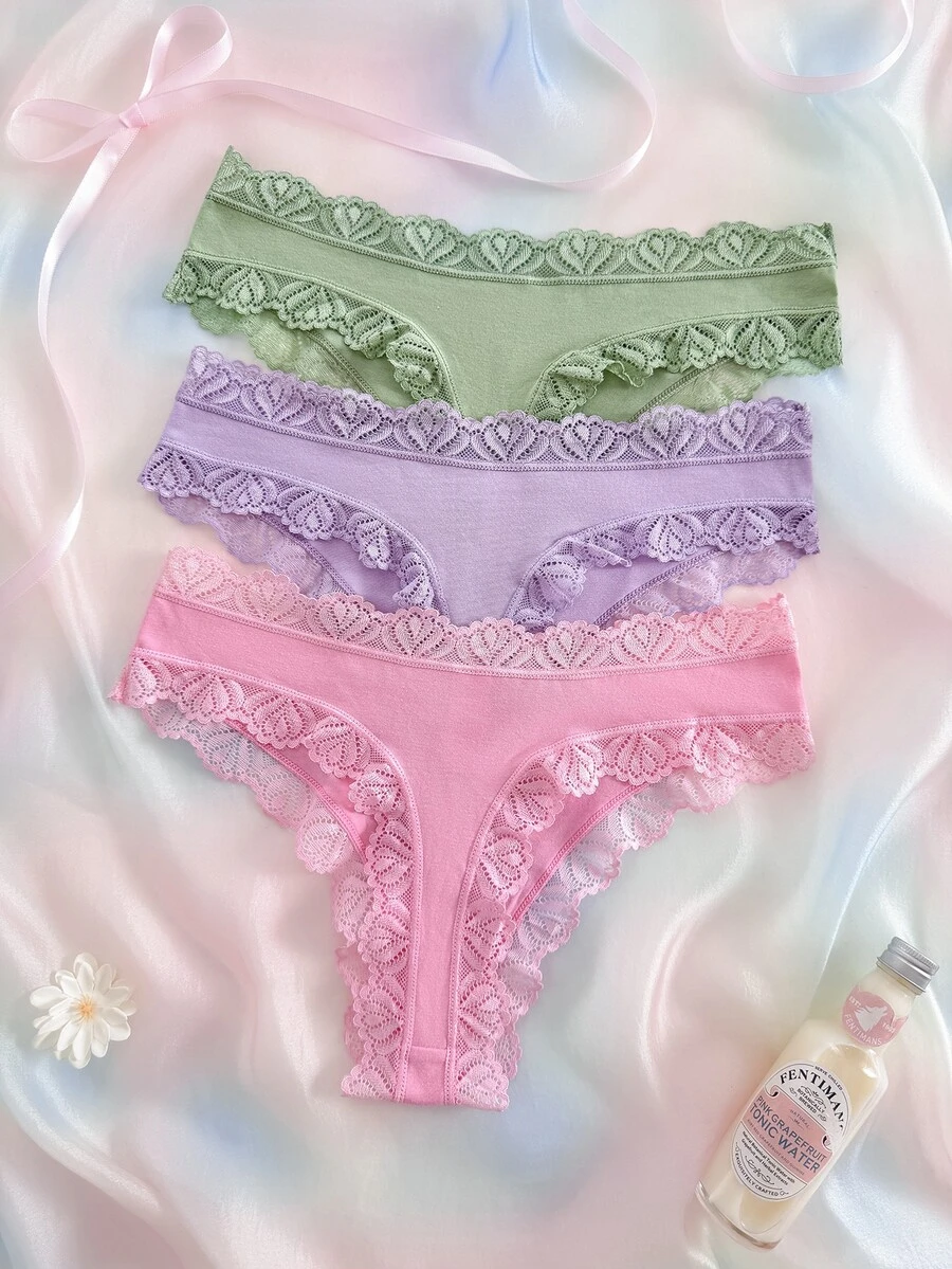 Eraneu 3PCS Lace Trim Women's Panties, Soft And Comfortable, Suitable For Daily Wear And All Seasons, Sweet And Cute, Perfect For Dates And Parties - Multicolor - View 1