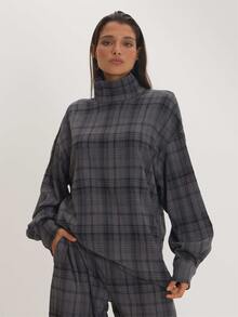MUSEYN Grey Check Print High Neck Long Sleeve Oversized Top Versatile Everyday Casual Fall - Multicolor - View 1