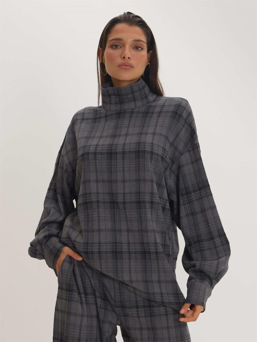 MUSEYN Grey Check Print High Neck Long Sleeve Oversized Top Versatile Everyday Casual Fall - Multicolor - View 1