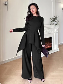Modelyn 女款圓領長袖不對稱下擺百褶上衣與純色長褲兩件套 - 黑色 - 查看 3