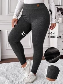 SHEIN CURVE+ 大尺碼女款休閒純色內搭褲，百搭極簡風，適合工作/辦公室/健身房，秋冬保暖內搭褲 - 灰色 - 查看 5
