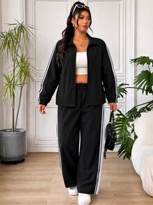 SHEIN EZwear 大尺碼女款對比色長袖上衣與長褲休閒日常兩件套秋季 - 黑與白 - 查看 6