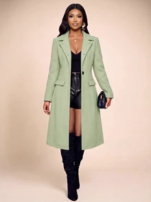 Brilight Light Sage Green Lapel Single Button Long Wool Coat Overcoat For Autumn Winter Commute Office Streetwear - Green - View 5