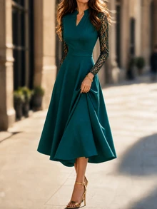 Editum Women's V-Neck Lace Patchwork Long Sleeve Cinched Waist Dress - Dark Green - View 6