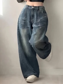 DAZY 女款水洗做舊寬鬆鈕扣時尚牛仔褲 - 藍色 - 查看 2