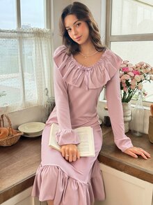 Snug Reverie Gaun Santai Wanita Gaya Prancis dengan Ruffle, Leher V, dan Pita, Panjang Sedang - Dusty Pink - View 4