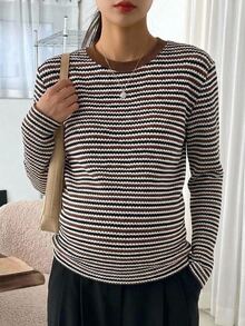 DAZY Kaos Hamil Lengan Panjang Longgar Bergaris Blok Warna Kasual untuk Liburan Sehari-hari Streetwear Musim Semi Musim Gugur - Coklat - View 5