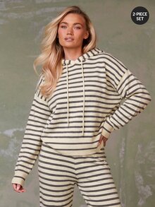 Athîral Women's Casual Hooded Sweatshirt And Striped Knit Pants 2 Pieces Set - Apricot - View 1