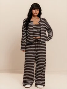 CovetEZ Autumn/Winter New Casual Striped Camisole Cardigan And Drawstring Long Pants Daily Home Wear Plus Size 2 Pieces Set - Multicolor - View 3