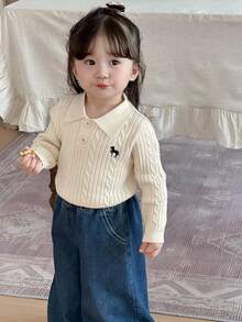 Dazy Kids Young Girl) Cute Turn-Down Collar POLO Neck Fitted Long Sleeve Autumn Sweater - Beige - View 4