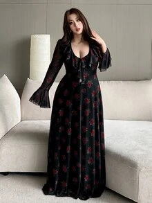Vibekara 大尺碼女款V領荷葉邊玫瑰喇叭袖長洋裝，甜美性感復古浪漫透視設計，四季百搭，適合日常穿著、返校季、雞尾酒會、婚禮賓客、優雅晚宴、浪漫約會與感恩節聚會，黑色長洋裝，情人節、春節，滿足秋冬造型需求 - 彩色 - 查看 7