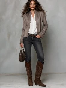 Solivie Women's Solid Color Contrast Lace Open Front Elegant Jacket - Mocha Brown - View 6