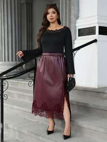 Vionelle Plus Size Vintage Sweet Romantic Lady Daily Versatile Women's Semi-Faux Leather Split Lace Patchwork Bodycon Dress - Burgundy - View 6