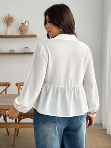 Enliva Plus Size Fall Long Sleeve Tie Front Peplum Blouse Apple - White - View 2