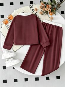 SHEIN Elladie kids 女童 2 件組復古美式學院風紅白色上衣與寬腿褲套裝，休閒秋季長袖圓領套裝，7 歲生日秋季穿搭 - 酒紅色 - 查看 3