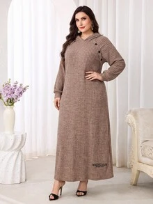 Feyla Plus Size Women's Solid Color Button Design Raglan Long Sleeve Casual Hooded Sweatshirt Dress - Khaki - View 8