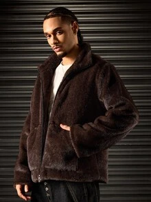 ROMWE MEN Men's Coffee Faux Fur Zipper Stand Collar Jacket - Coffee Brown - View 7