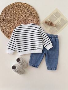 SHEIN Newborn Baby Cartoon Pattern Striped Sweatshirt And Denim Jeans Set - Blue - View 2